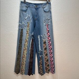 Light Wash Blue Wide Leg Jeans with Floral Patch Panels